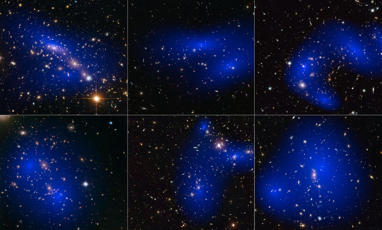 collage_of_six_cluster_collisions_with_dark_matter_maps