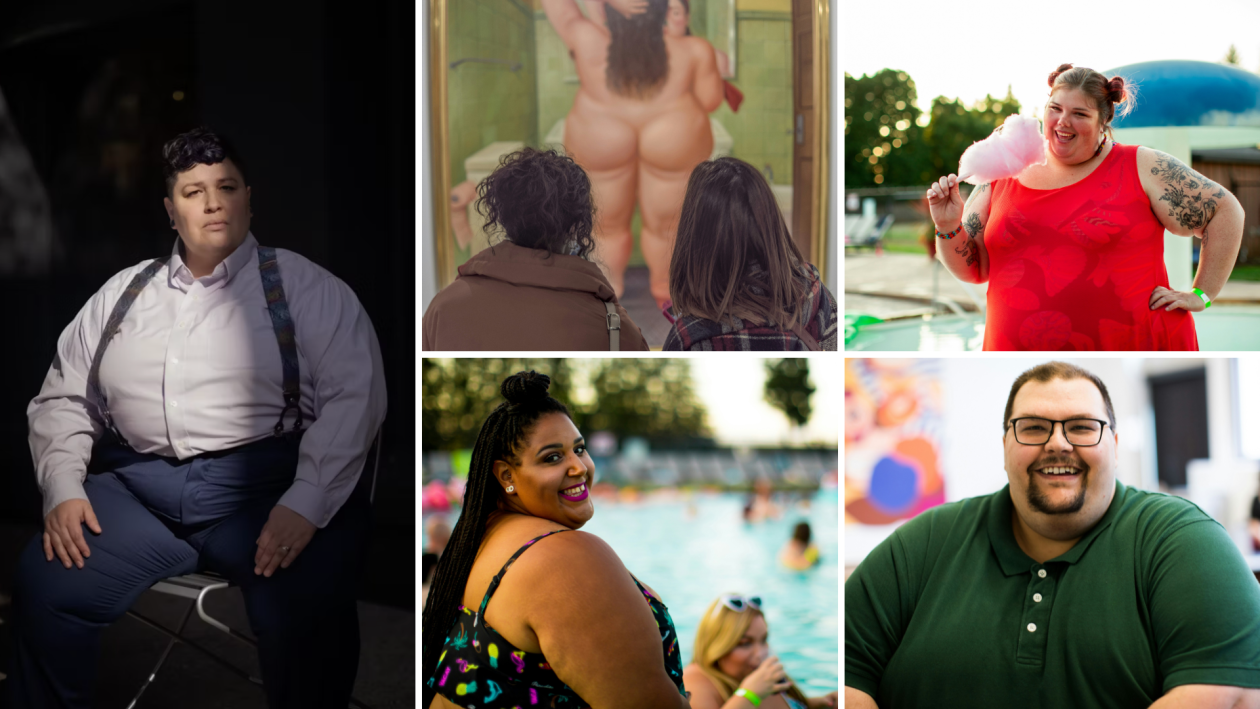 A collage of images of fat people with a diversity of genders and ethnic backgrounds