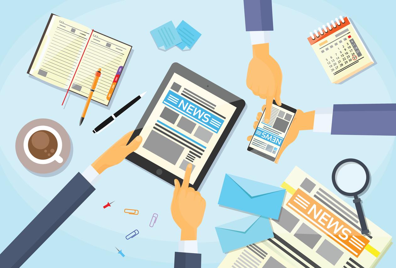 Forretningsfolk utveksler ulike medieinformasjoner over en kaffekopp, illustrasjon brukt i sak om mediemangfold.