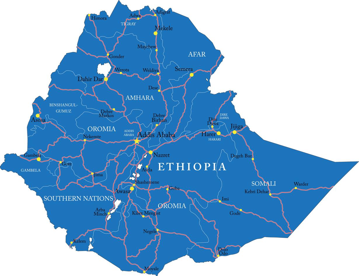 Blue map of ethiopia, including regions and major cities