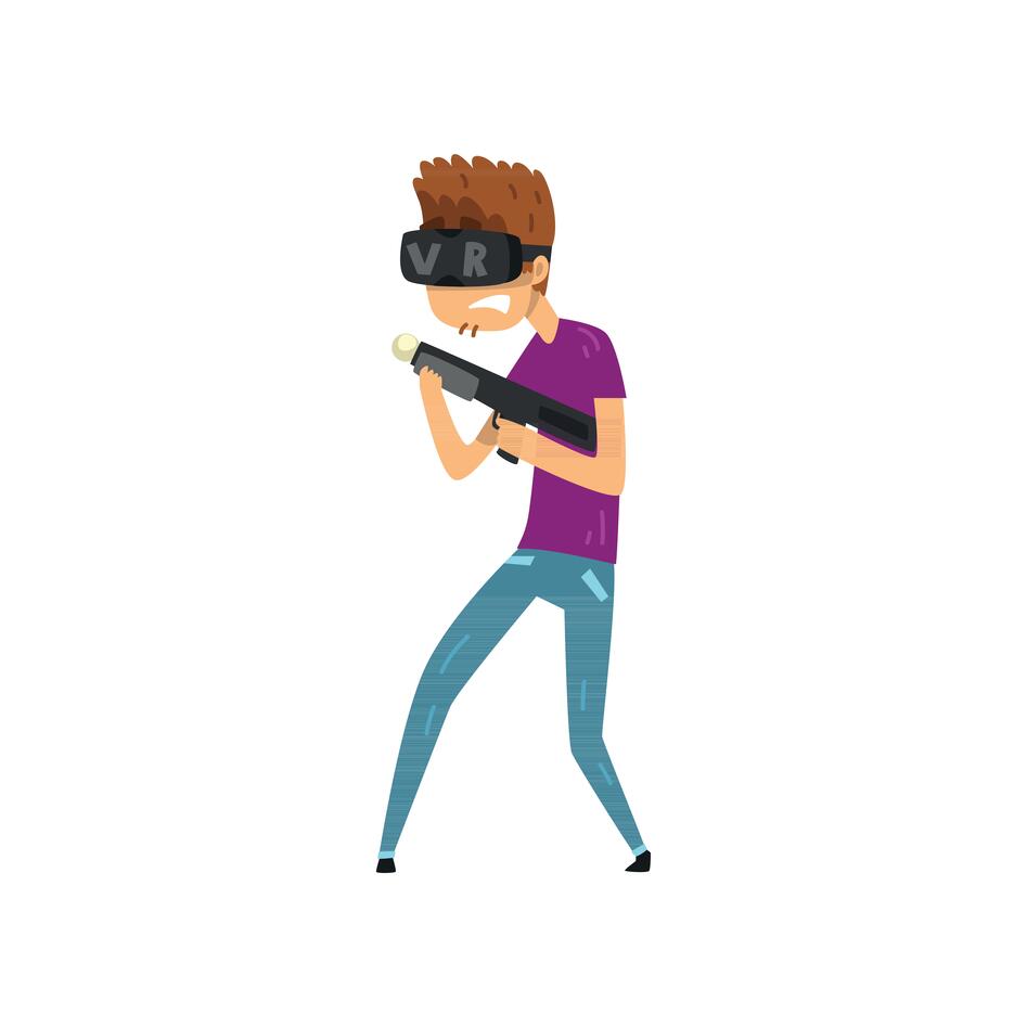 Young man cartoon character playing video game in virtual reality with VR headset and gun controller