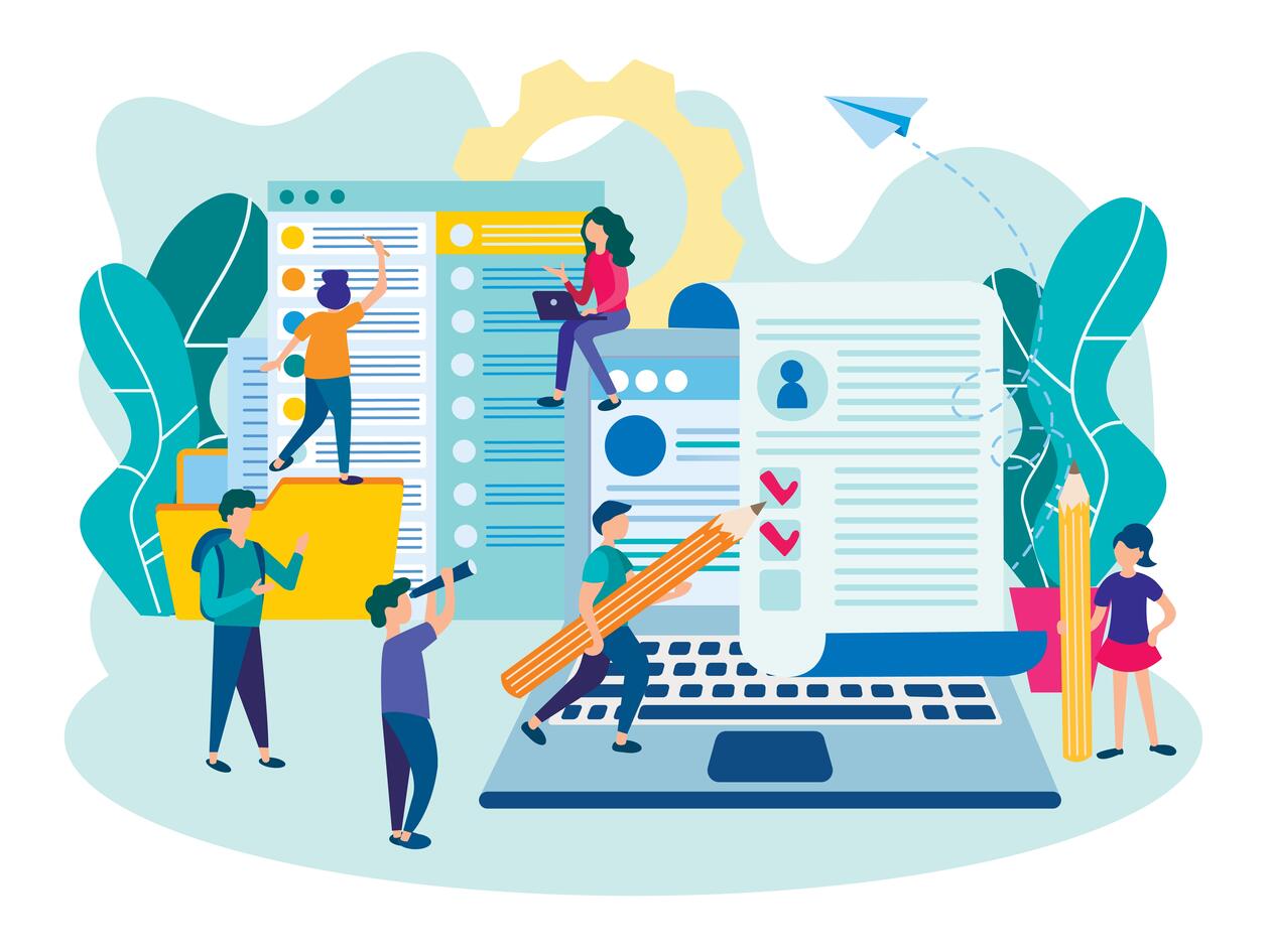 Illustrasjon med figurer, en laptop og et skjema