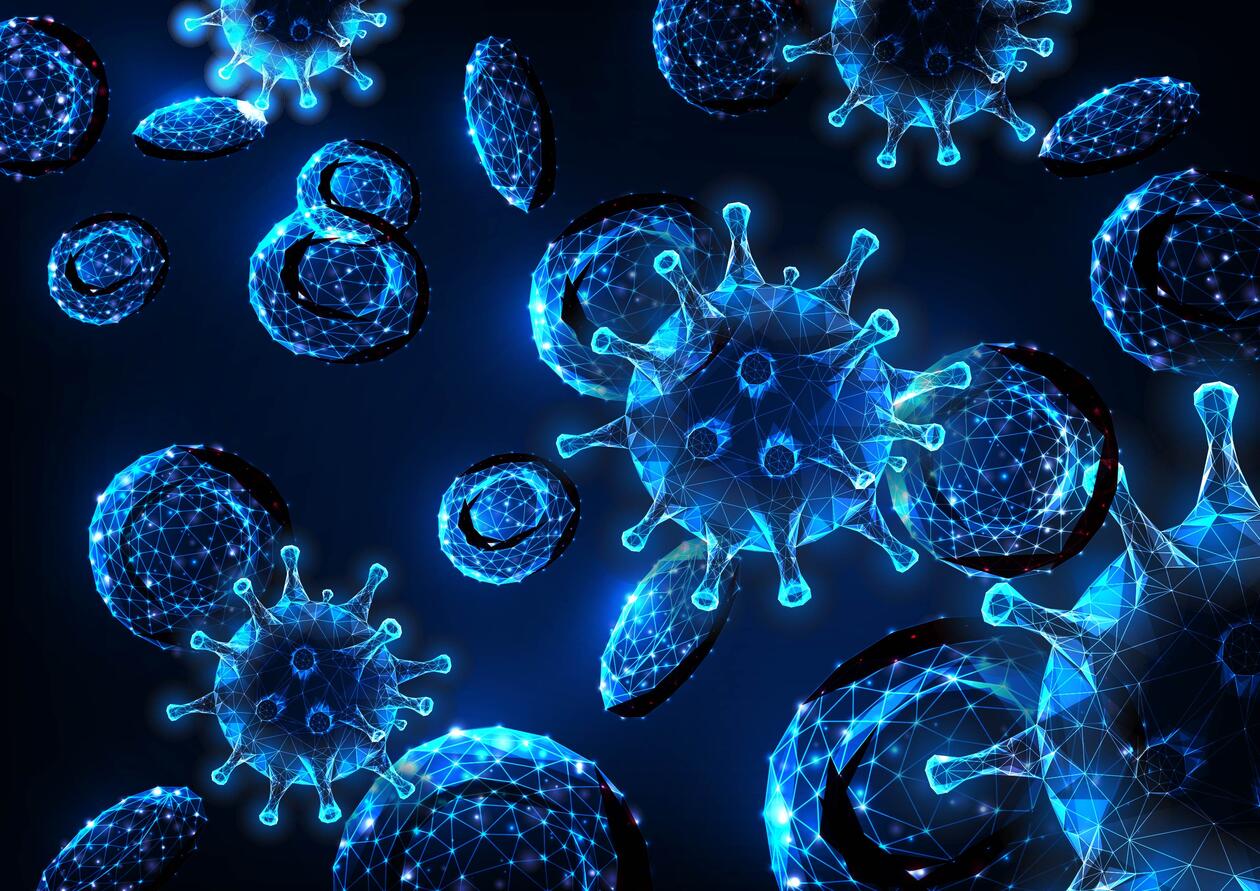 Grafikk av mange virus som skal illustrere en pandemi 