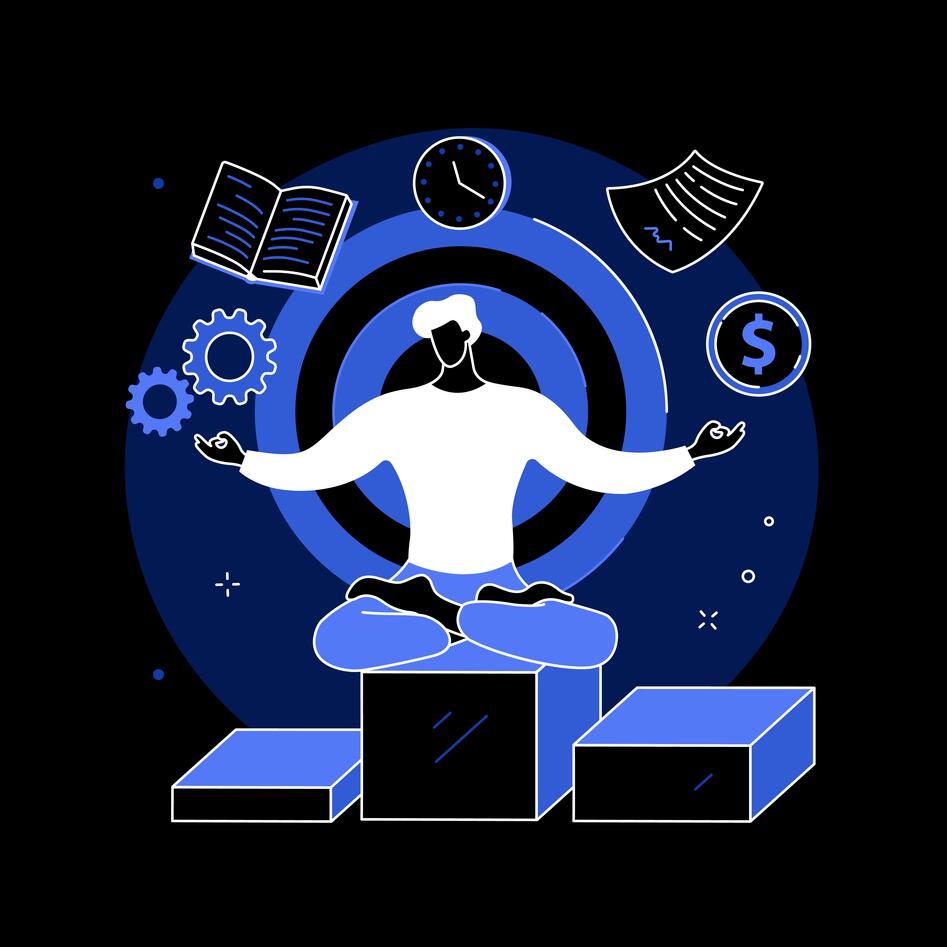 En tegning av en person som sitter i yoga-stilling og sjonglerer flere element i luften, slik som bok, klokke, tannhjul.