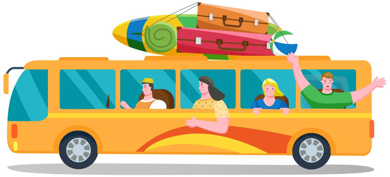 Illustrasjon av buss i fart med glade passasjerer