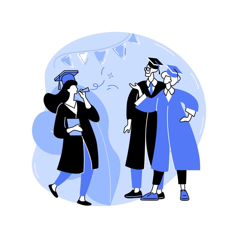 Illustration of people with graduation hats and cloacks 