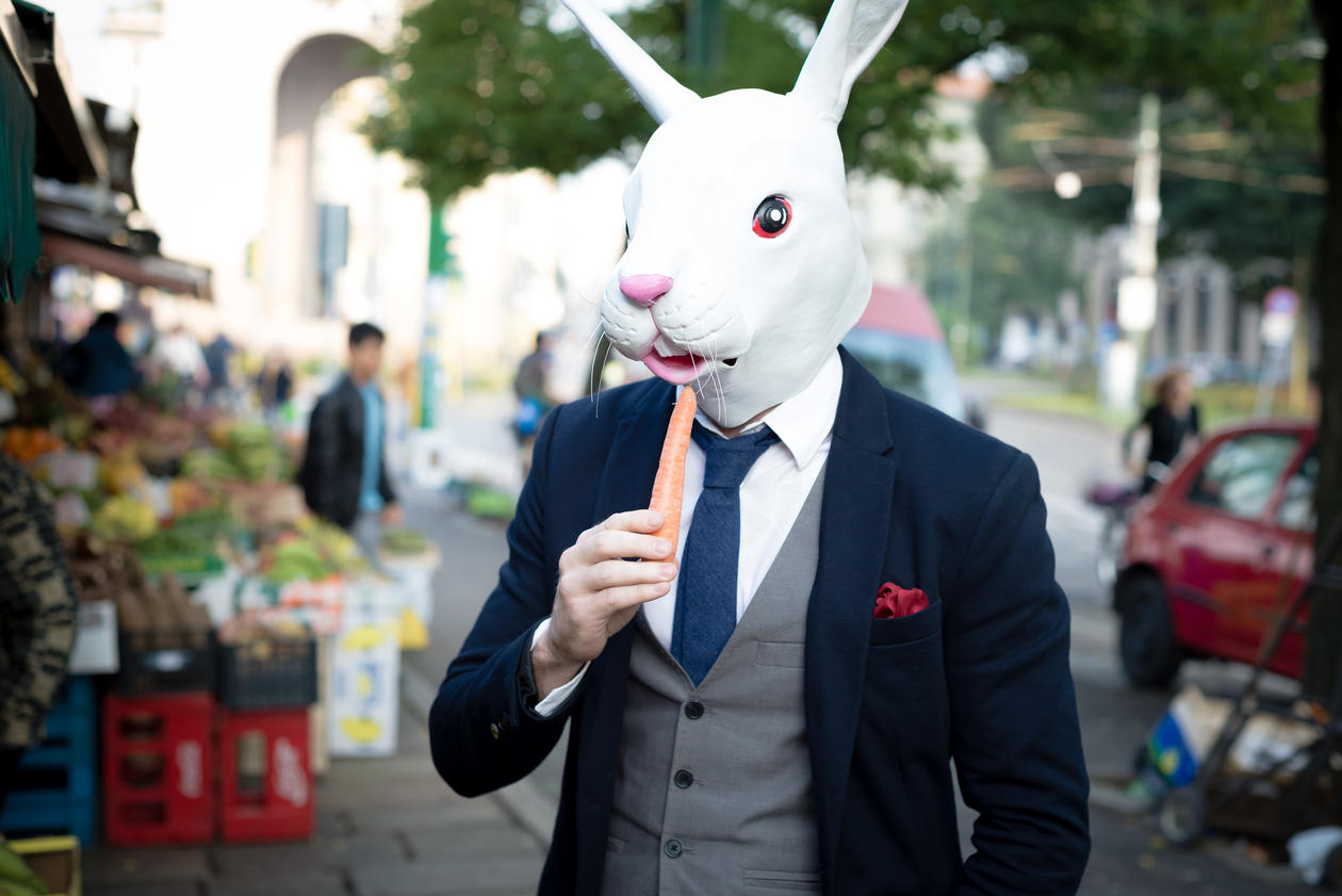 Rabbit mask man with carrot in the city, stock photo