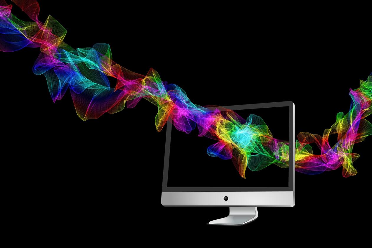 A computer screen with colours flowing through. 