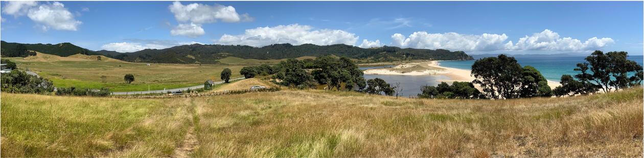 A panorama picture of a landscape: Rolling, dark green hills, green and brown grass, a beach and blue skies with white clouds