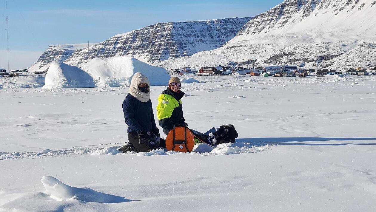 Dana King and Linda Latuta taking CTD measurements in Disko Bay, Greenland