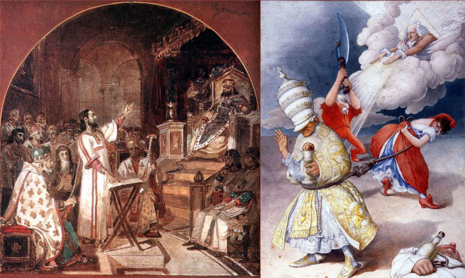 Composite Image:V.Surikov, First Council of Nicea (1876) / La Séparation des Églises et de l'État (ca. 1905) (Public domain; Wikimedia Commons)