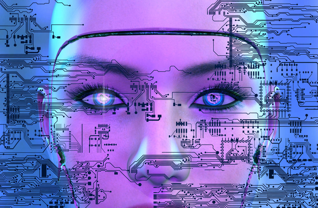 Cyborg - female robot face with electronic circuits
