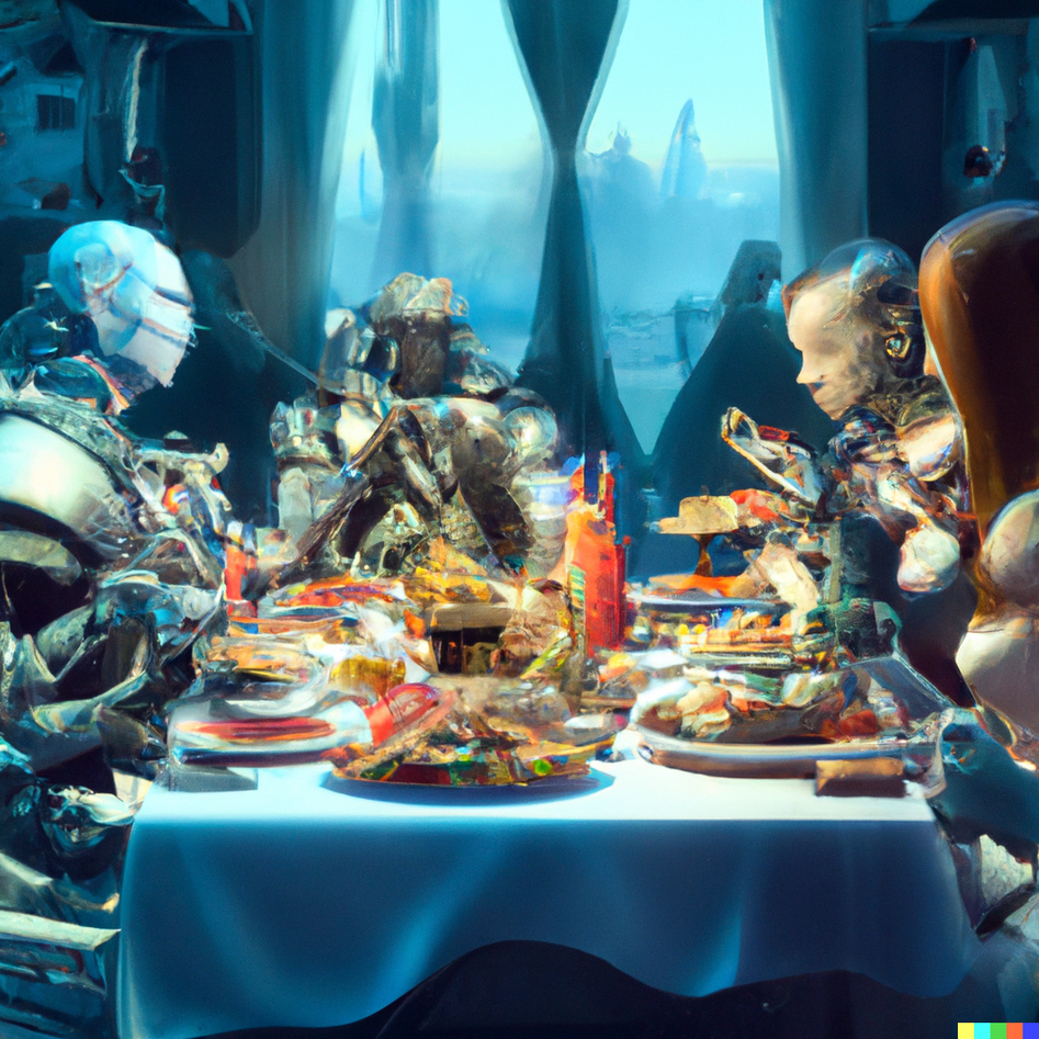 A group of cyborgs share a dinner of futuristic food in oil painting style of Rembrandt