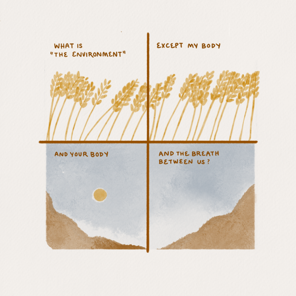 lllustrations in yellow, orange and blue-grey of grain ears, the sky, the sun and mountains, and the text: "What is 'the environment? Except my body. And your body. And the breath between us?" 