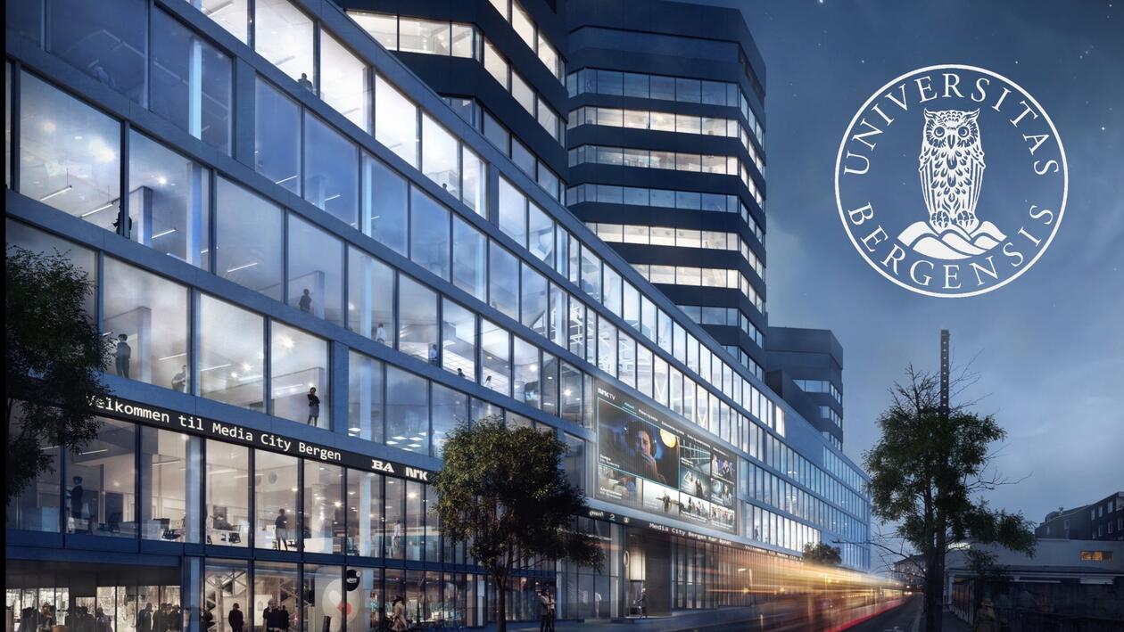 Media City Bergen fasade med UiB-logo