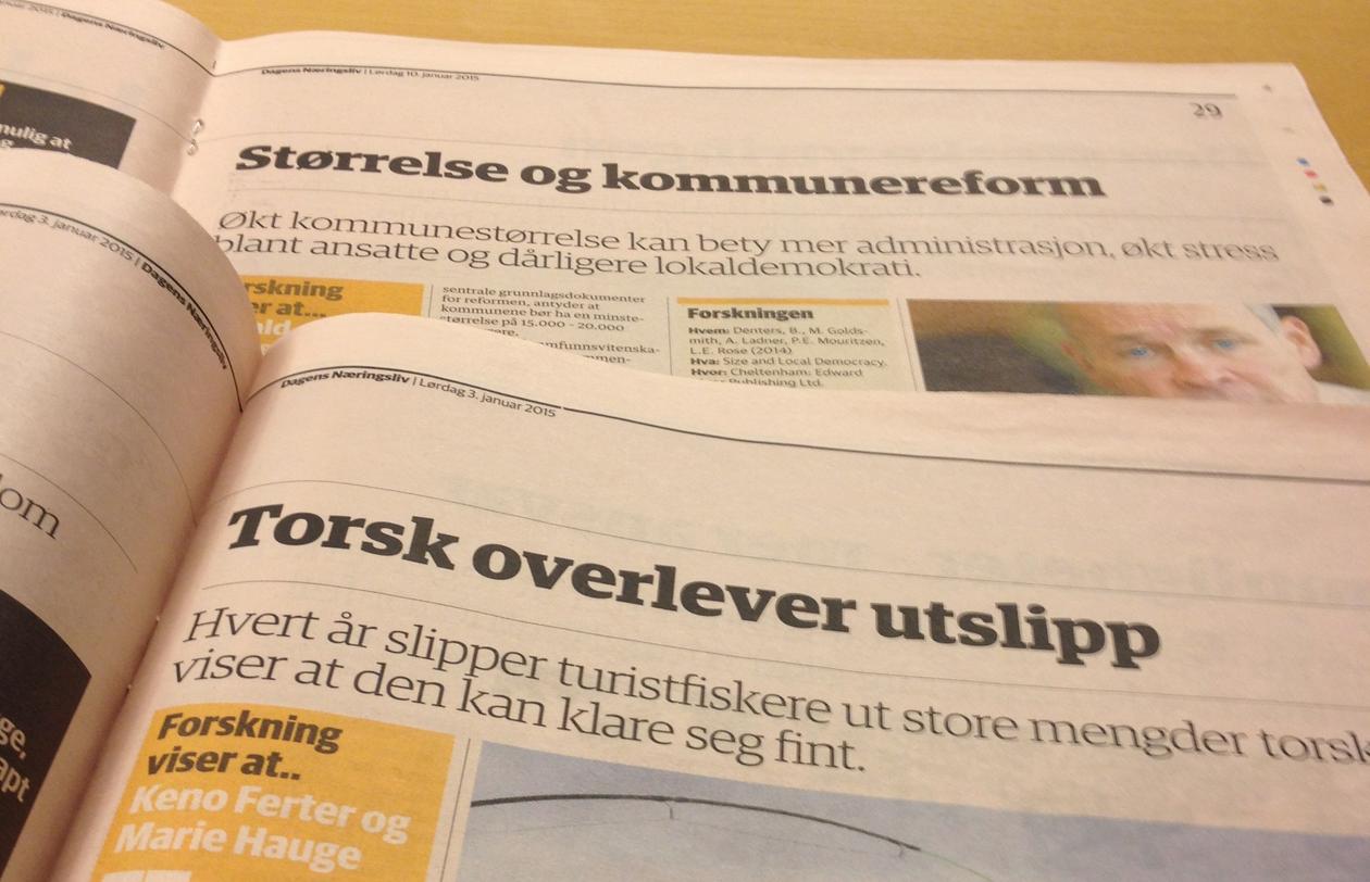 Bilde forskningningsspalten på trykk i Dagens Næringsliv