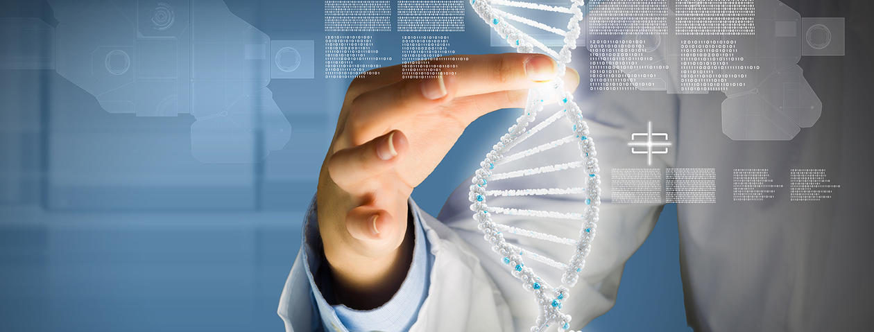 Photo of a doctor holding a computerized DNA-string