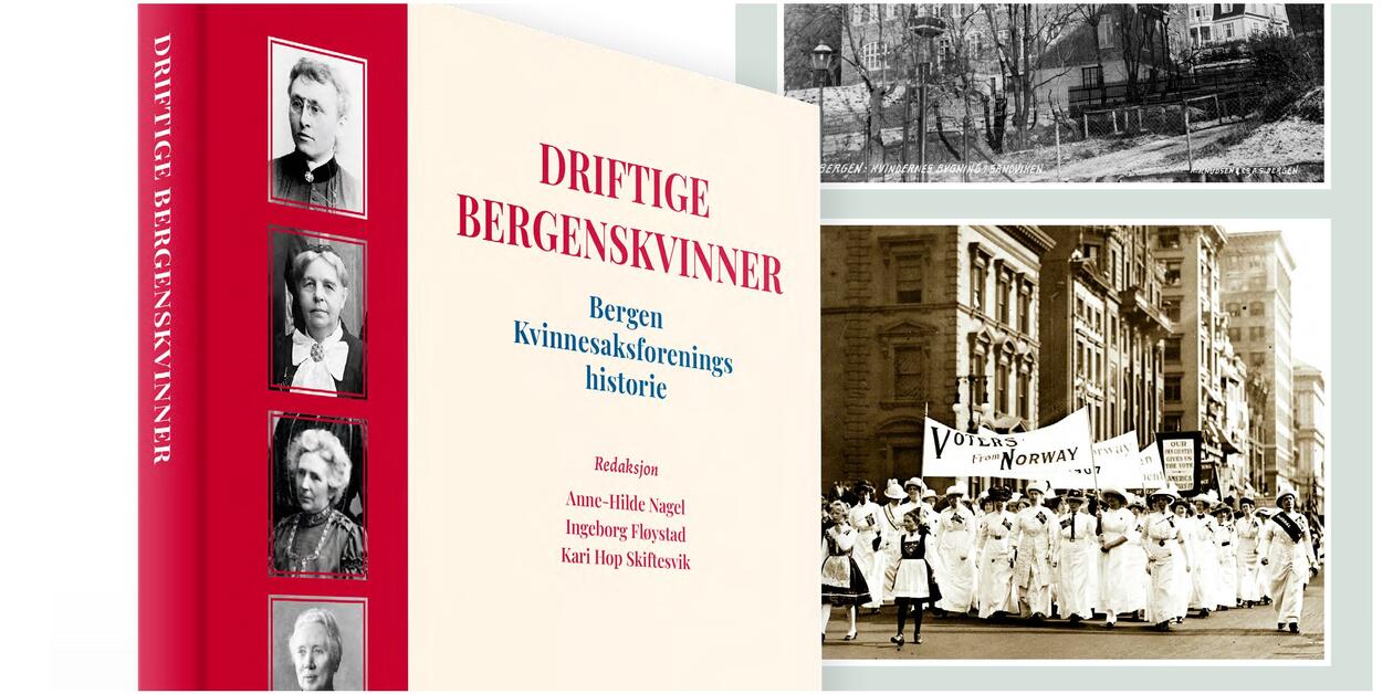 Plakat av boklansering av boka "Driftige Bergenskvinner", med bilde av boka. 