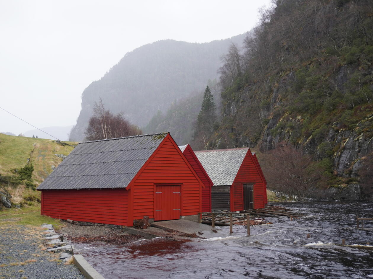 Rødmalte, gamle naust i fjæren. Fjell og grå himmel i bakgrunnen.
