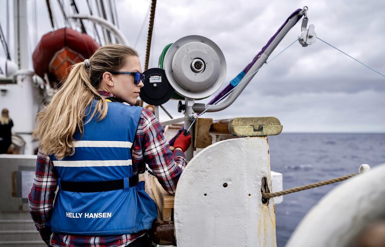 Madelen Hegrestad under sitt feltarbeid på Statsraad Lehmkuhl.