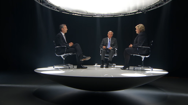 Bildet viser Jens Stoltenberg, Oddvar Steenstrøm og Erna Solberg i programmet "Debatten" på TV2 under stortingsvalget 2013.