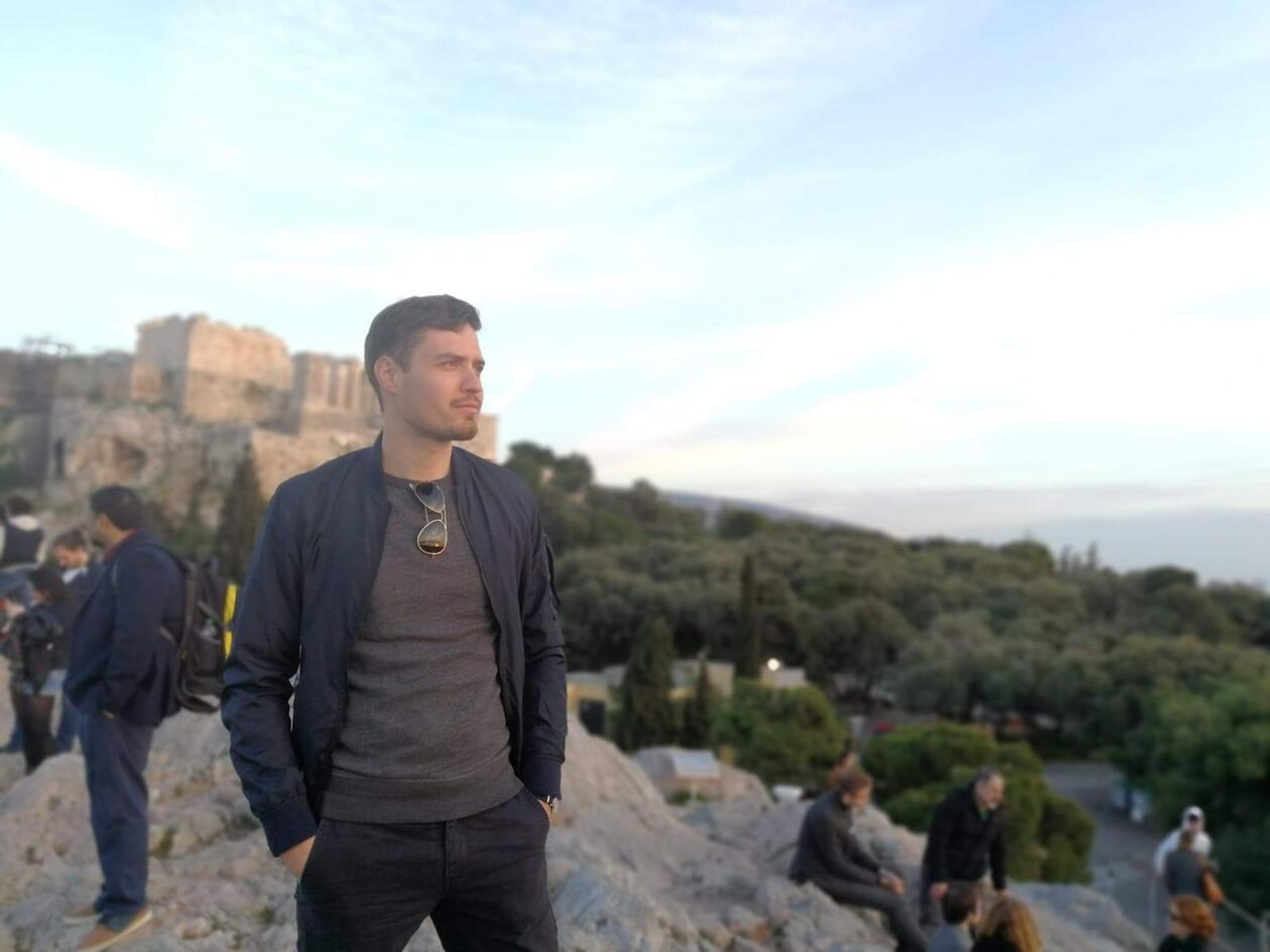 Emil Perron at the Areopagus, in front of the Acropolis in Athens, Greece.