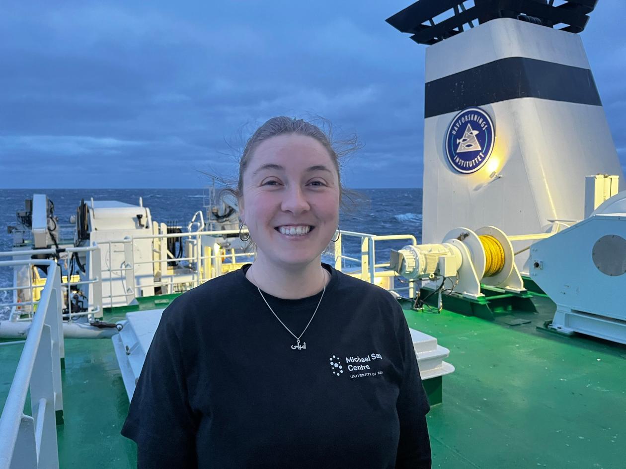 Researcher Emily Claereboudt on board the G.O. Sars