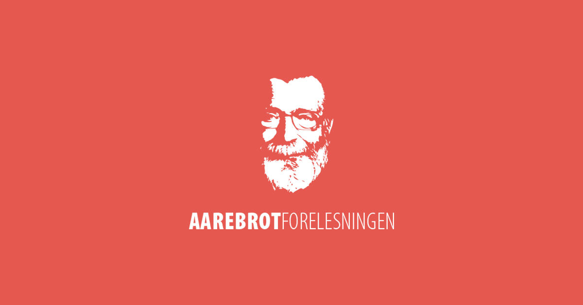 Illustrasjon for Aarebrotforelesningen. Ansikt av Frank Aarebrot i hvit mot rød bakgrunn. 