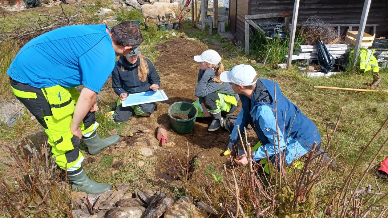 Bildet viser arkeologistudenter og arkeolog fra fylkeskommunen i sirkel og diskuterer/ser på kart