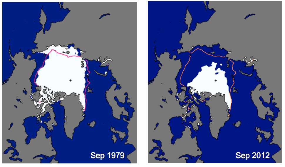Maps showing changes in the sea ice levels in Greenland in 2012.