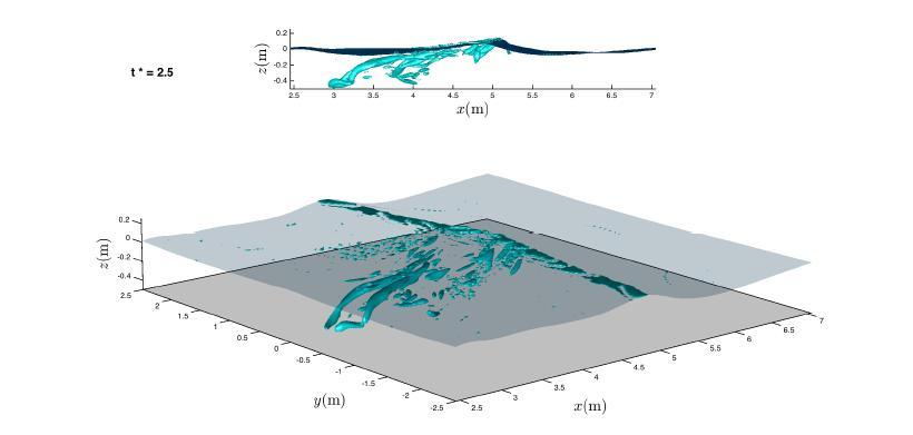 Vortex structures for isolated breaking event, intermediate depth