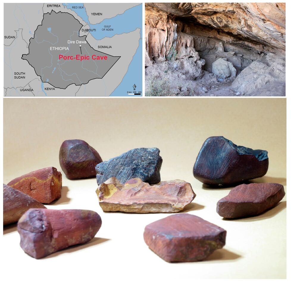 Top left: location of the site; top right: view of Porc-Epic Cave (photo: A. Herrero); bottom: ochre pieces found in the archaeological layers and analysed in the study 