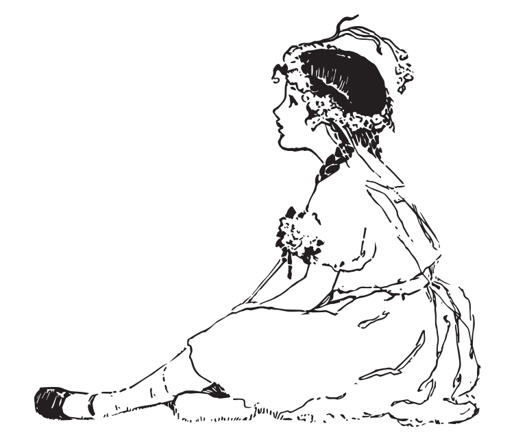 Drawing in black and white of a girl who sits thoughtfull at the ground.