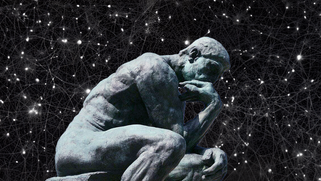 Illustration. "The Thinker" by Rodin with AI generated backdrop.