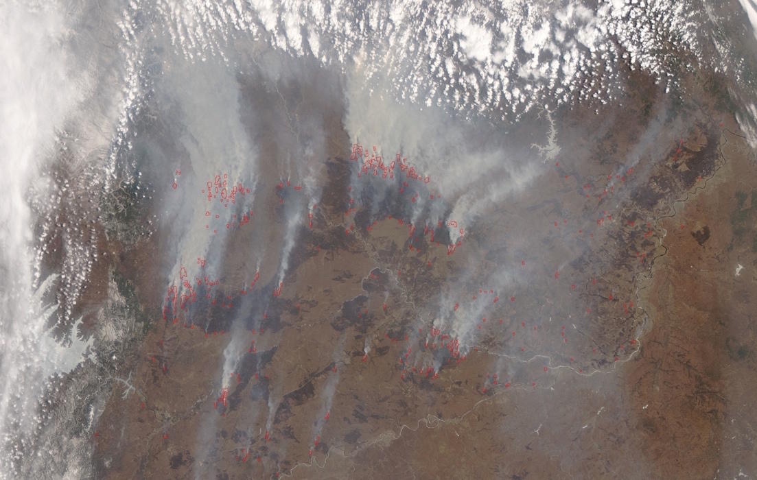 Smoke plumes from wild fires in Russia