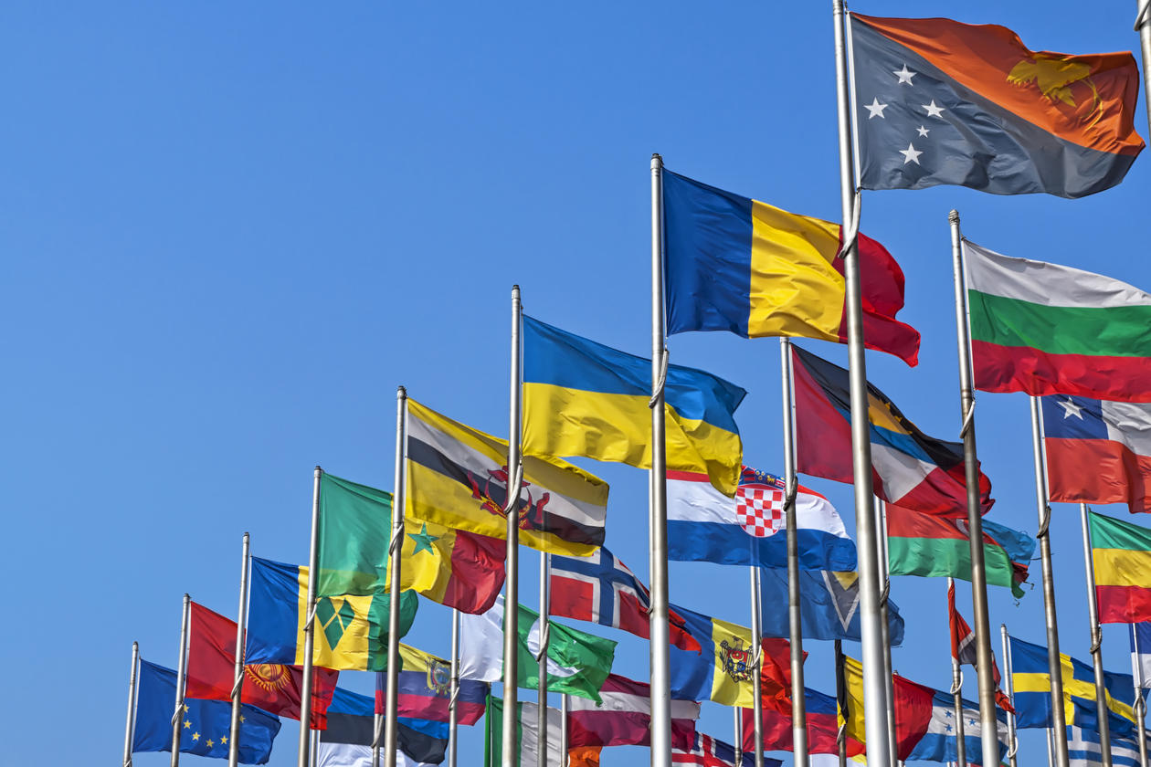 A picture of a lot of flags from different countries, symbolising international institutions and organisations