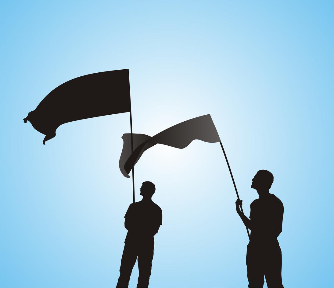 An illustration of two men holding flags, symbolising nations.