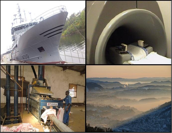 A naval vessel, an mr-machine, industry in Africa and polluted air in Bergen