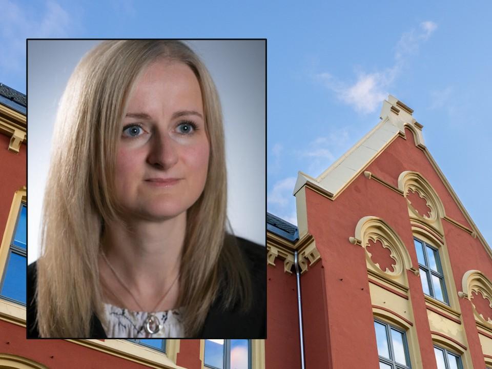 Bildemontasje med profilbilde av Camilla Bernt lagt oppå bygningen av Det juridiske fakultet