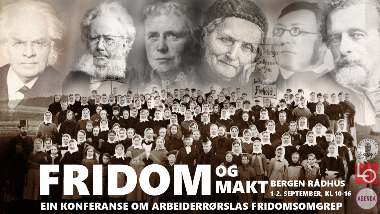 Illustrasjonsbilde til konferansen med flere av våre store forfattere og demonstrerende kvinner med skaut fra arbeidarbevegelsens tidlige tider