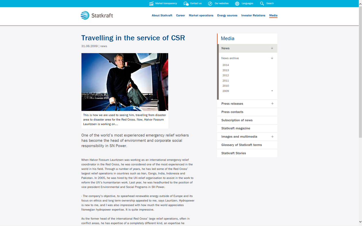 Bildet er fra Statkraft sin nettside med nyhetssaken Travelling in the service of CSR