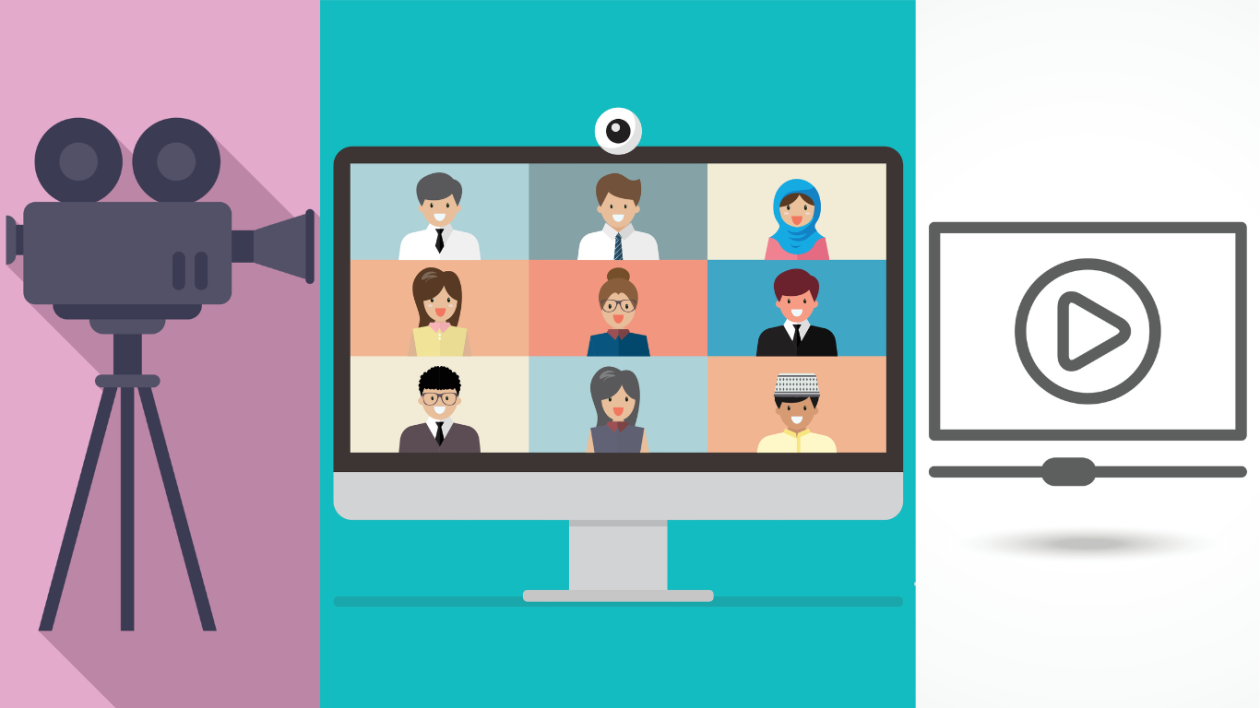 Illustration of a camera, a computer screen and a video.