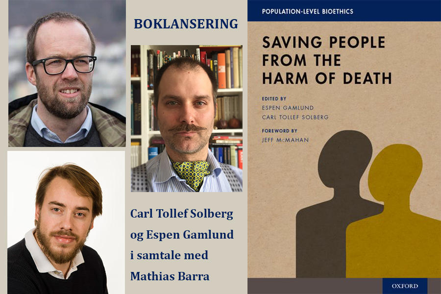 Bokomslaget + bilder av redaktørene Espen Gamlund og Carl Tollef Solberg og samtalepartner under boklanseringen Mathias Barra