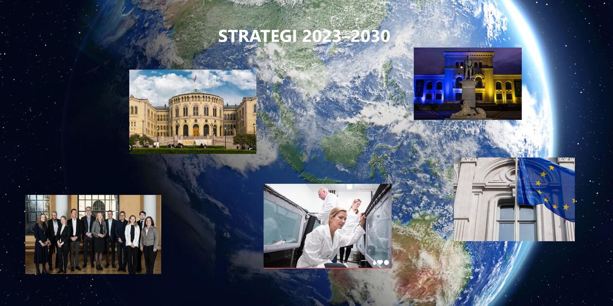 The planet earth and the text "Strategy 2023-2030", Stortinget, EU, UiB and researchers
