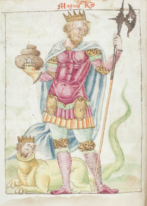 Manuscript illustration from GKS 3274 4to, containing Jónsbók. The illustration depicts and idealised Magnús the Lawmender. 