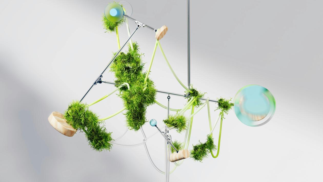 A mobile made of green plants and balls