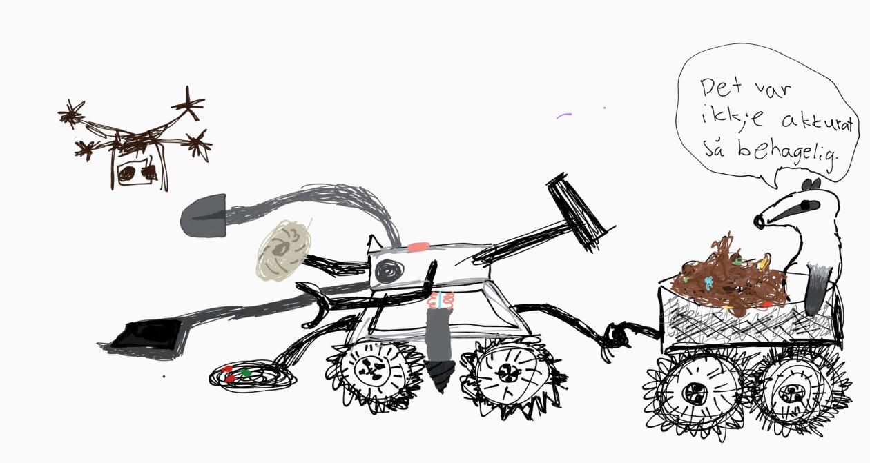 Bildet viser en av tegningene til Lego League, tegnet av Team Stranda ved Stranda skule i Øygarden. Tegningen viser arkeologirobot med grevling.