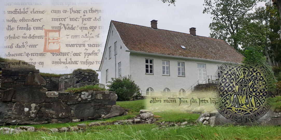 Foto av hus og klosterruin med håndskrifter og segl lagt oppå
