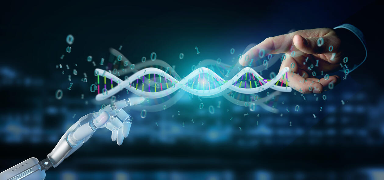 A robot hand and human hand pointing to DNA