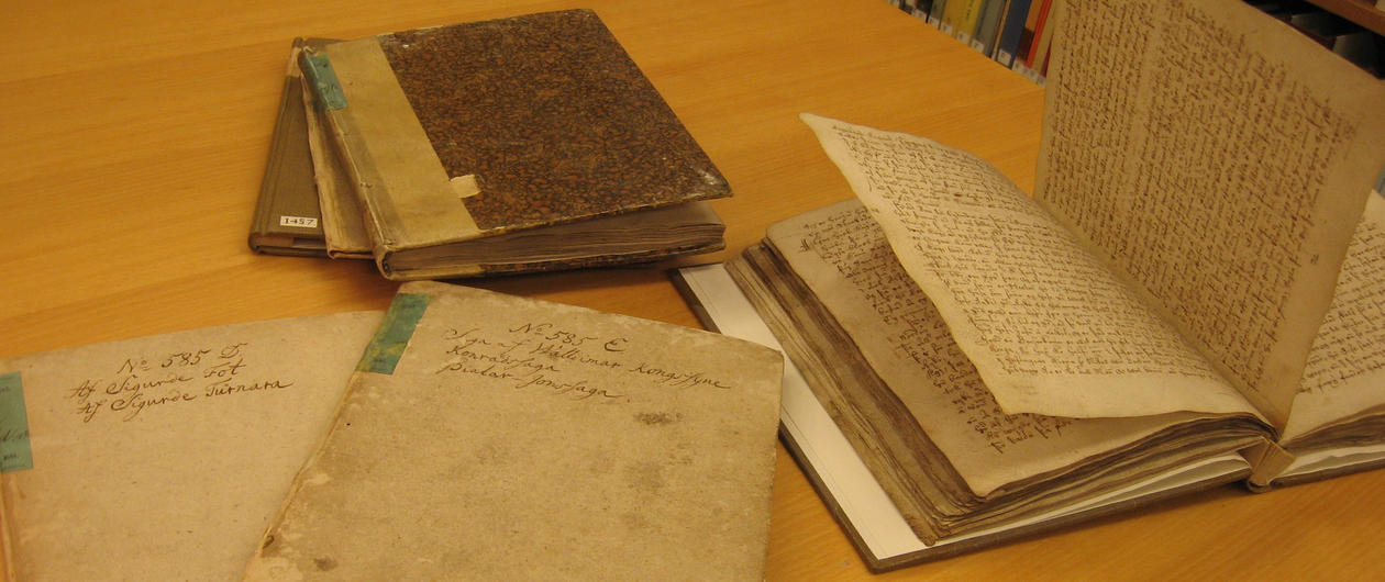 Bilde av en rekke håndskrifter fra den Arnamagnæanske håndskriftsamling